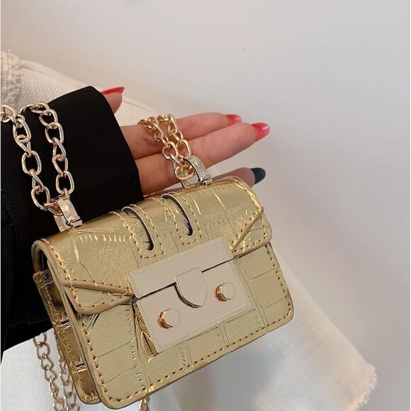 Women's Metallic Clutch Bag PU Leather Mini Evening Shoulder Purse - Picture 4 of 7